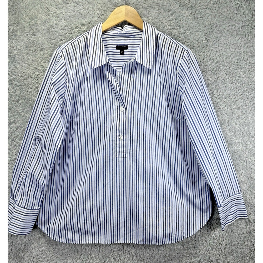 Talbots Womens PXL Blue White Stripe Cotton Popover Shirt Coastal Preppy Classic